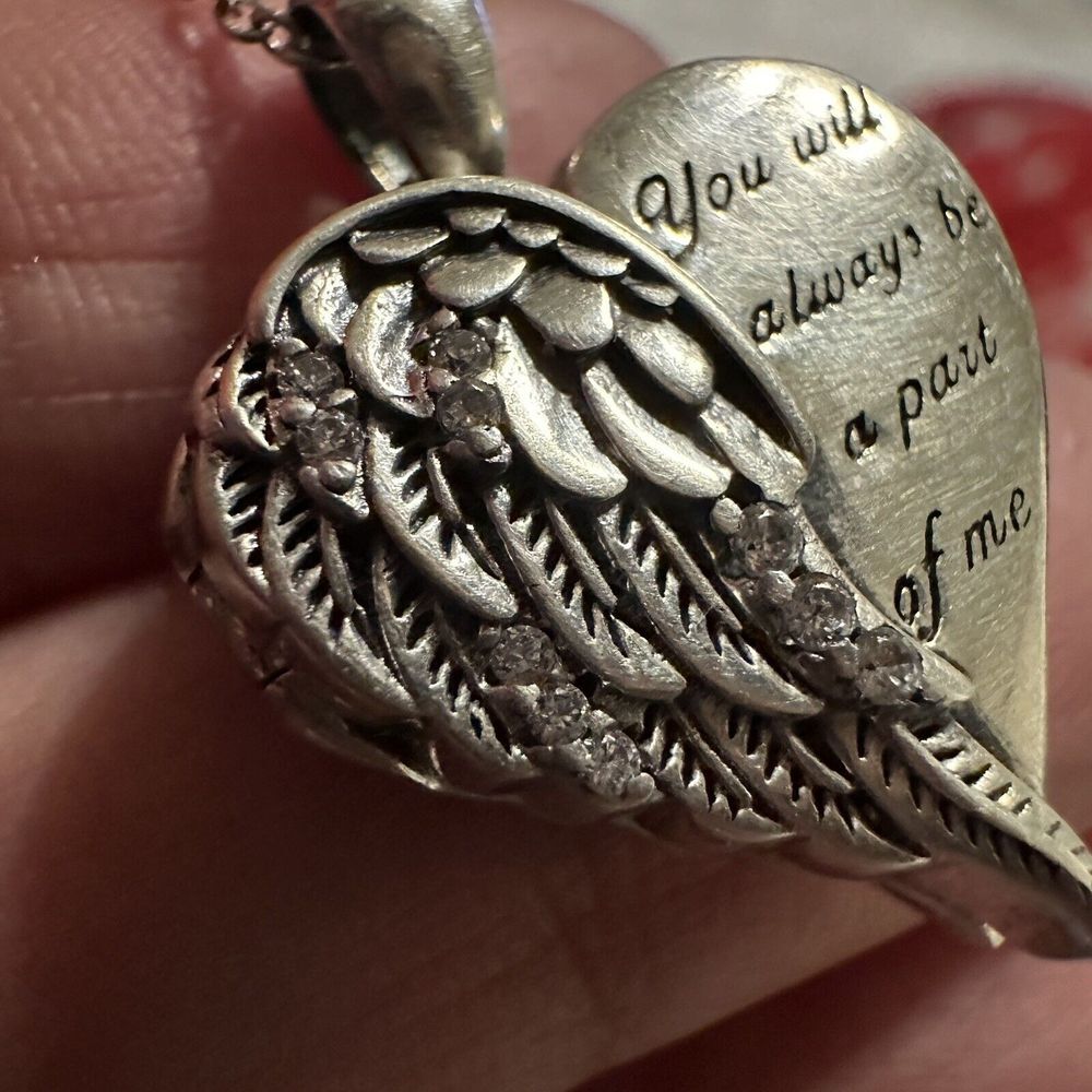 Heart Photo Locket Pendant Necklace 18 Inch CZ Angel Wings 925 Sterling 7.0g - Picture 5 of 9